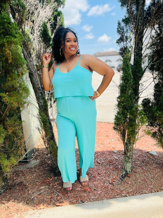 Mint Ribbed Double Layered Jumpsuit