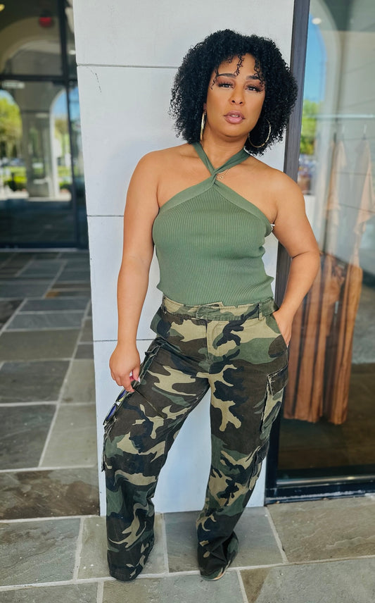 Olive Tank/Camouflage Wide Cargo Pants
