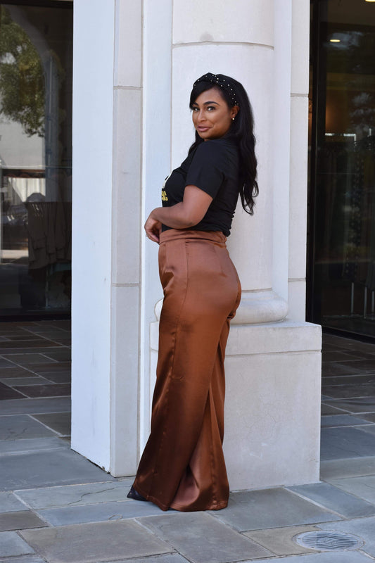 All In High Waisted Rust Satin Pants